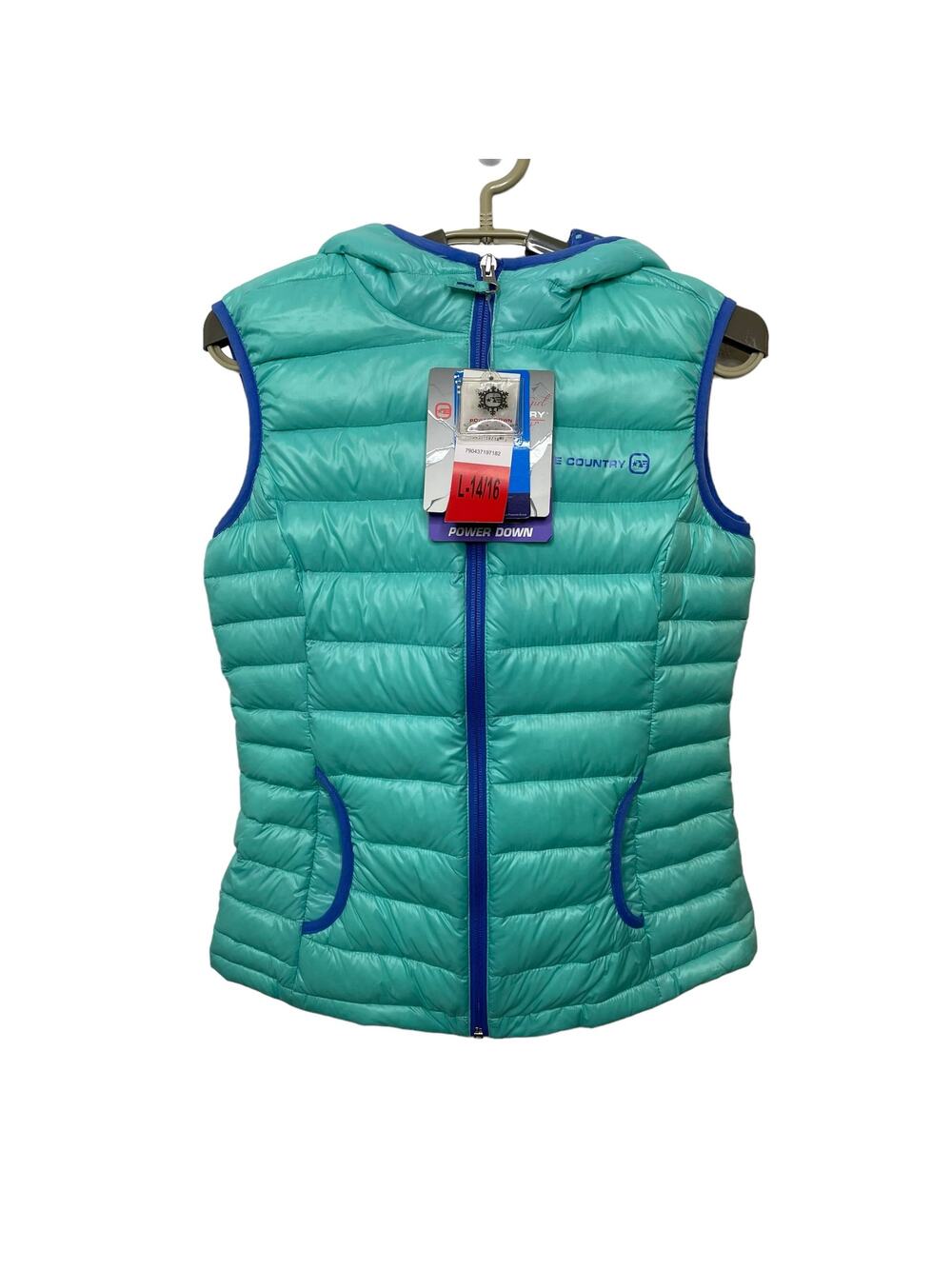 NWT Free Country Girls Power Down Hooded Puffer Vest Zip Mint & Blue Size Large